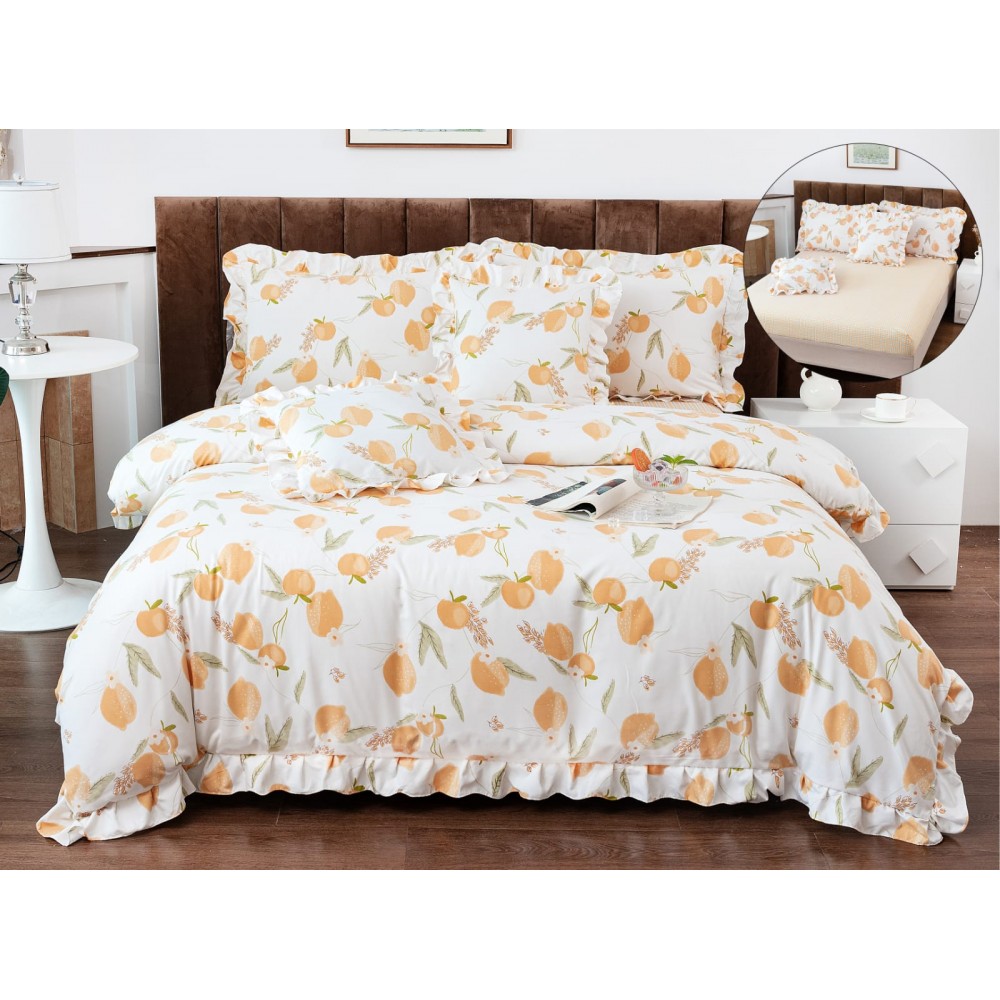 Set lenjerie finet , 6 piese , CU ELASTIC ,pentru pat dublu cu volanas LFVPK8 Lenjerii din finet 6 piese  cu volanase