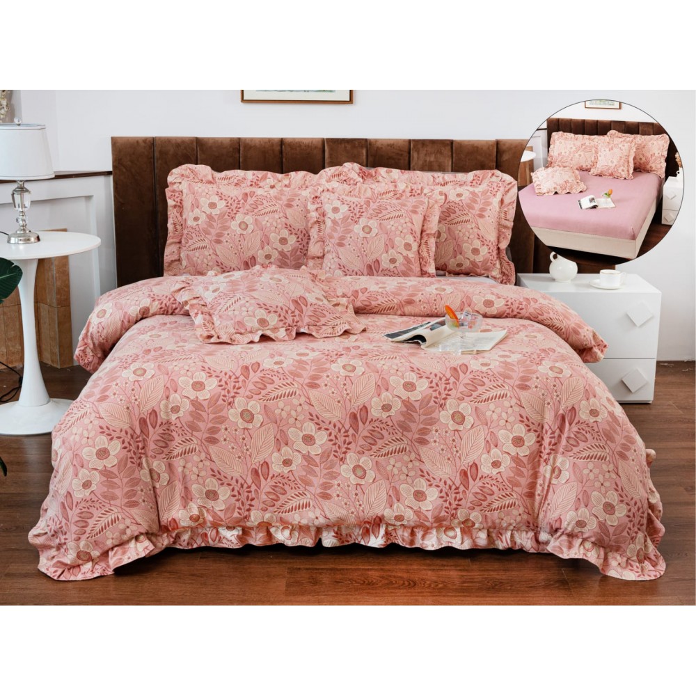 Set lenjerie finet , 6 piese , CU ELASTIC ,pentru pat dublu cu volanas LFVPK10 Lenjerii din finet 6 piese  cu volanase
