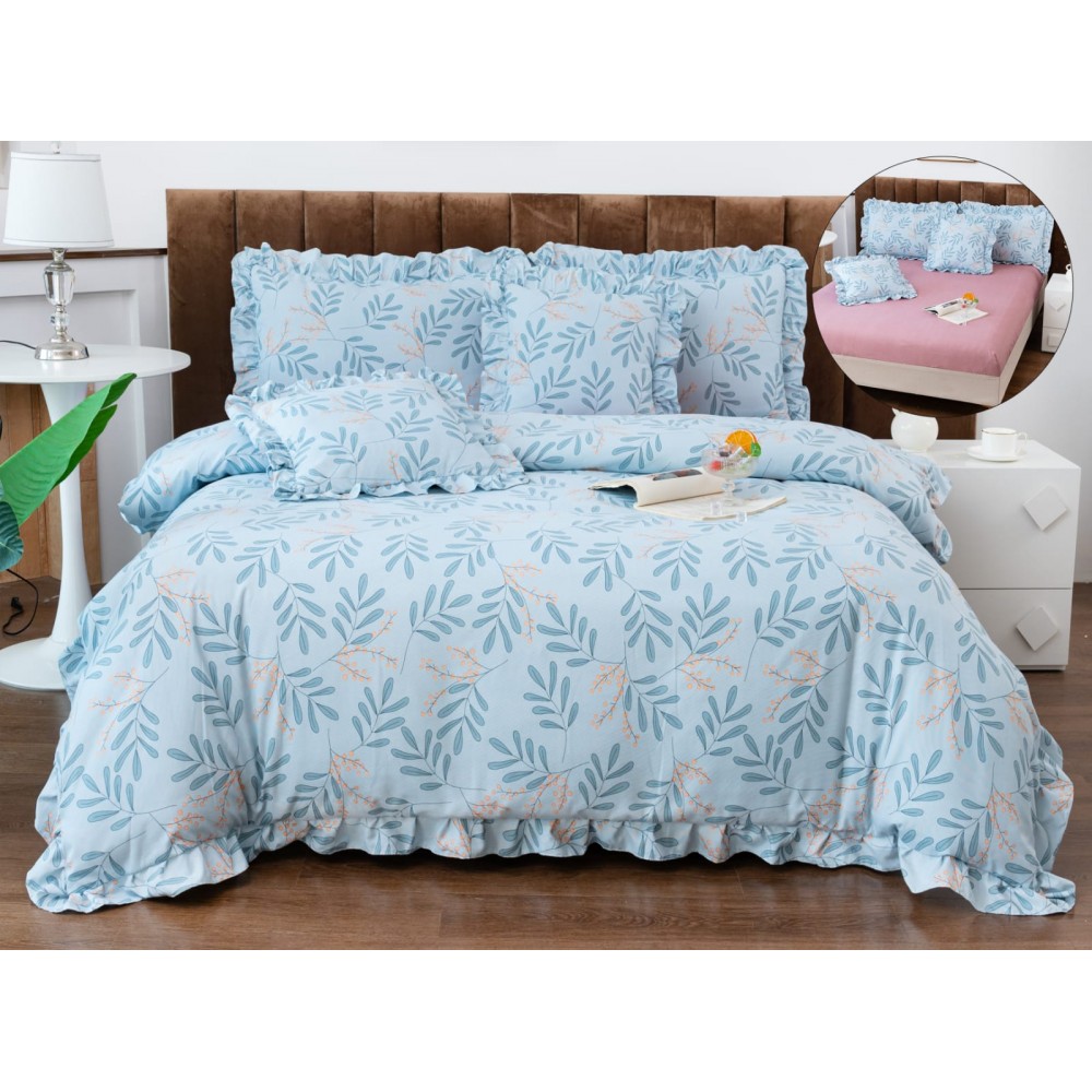 Set lenjerie finet , 6 piese , CU ELASTIC ,pentru pat dublu cu volanas LFVPK12 Lenjerii din finet 6 piese  cu volanase