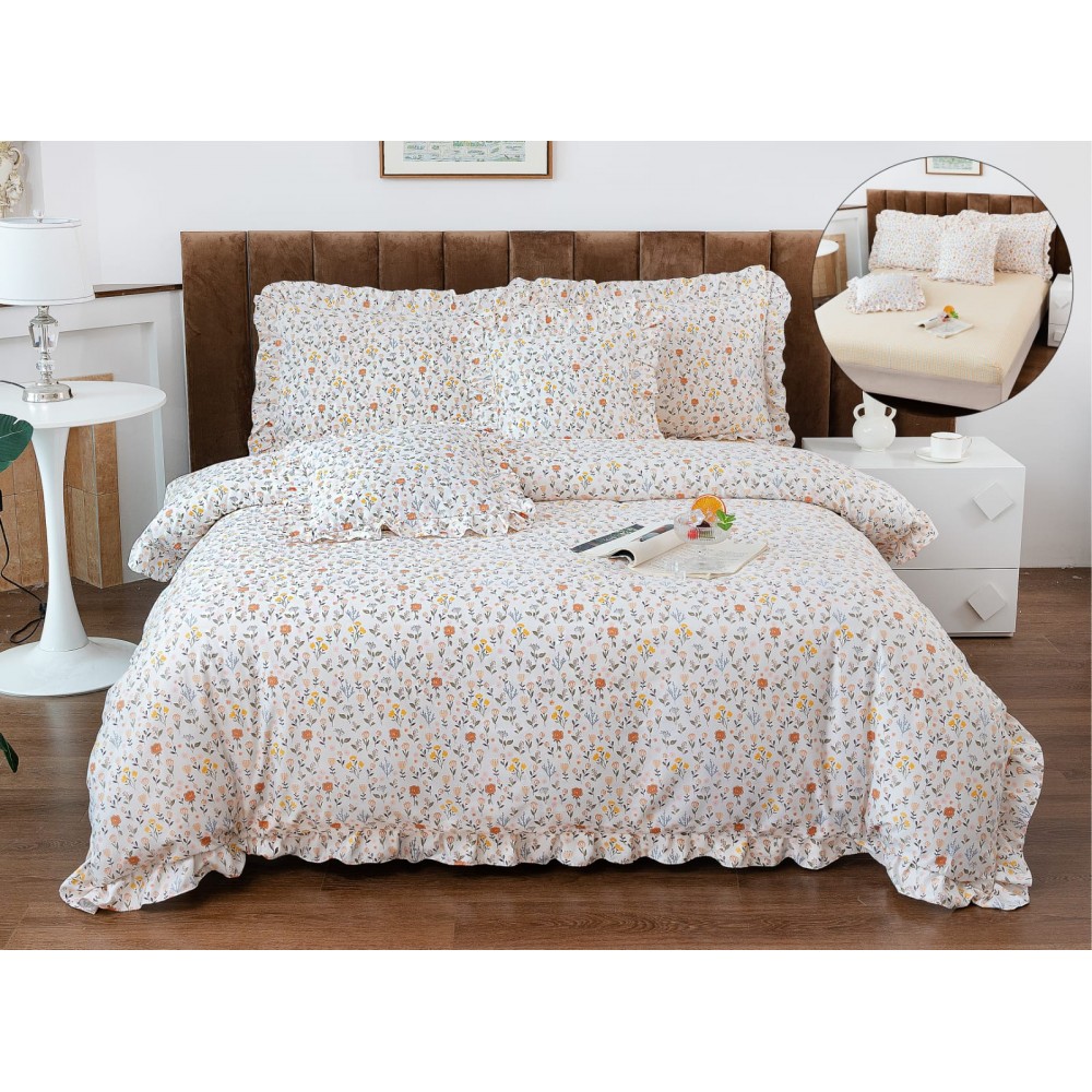 Set lenjerie finet , 6 piese , CU ELASTIC ,pentru pat dublu cu volanas LFVPK13 Lenjerii din finet 6 piese  cu volanase