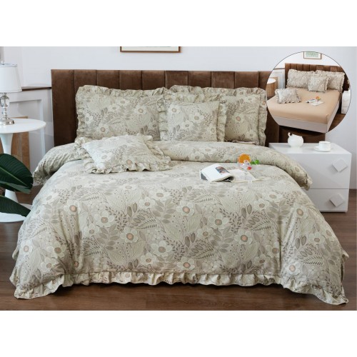 Set lenjerie BUMBAC - finet , 6 piese , CU ELASTIC ,pentru pat dublu cu volanas LFVPK15