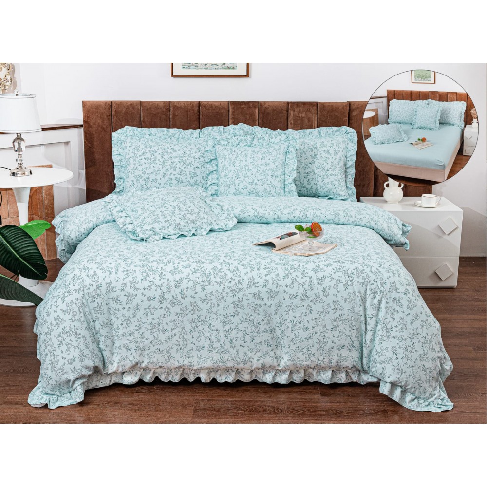 Set lenjerie BUMBAC- finet , 6 piese , CU ELASTIC ,pentru pat dublu cu volanas LFVPK16 Lenjerii din finet 6 piese  cu volanase