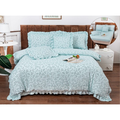Set lenjerie BUMBAC- finet , 6 piese , CU ELASTIC ,pentru pat dublu cu volanas LFVPK16