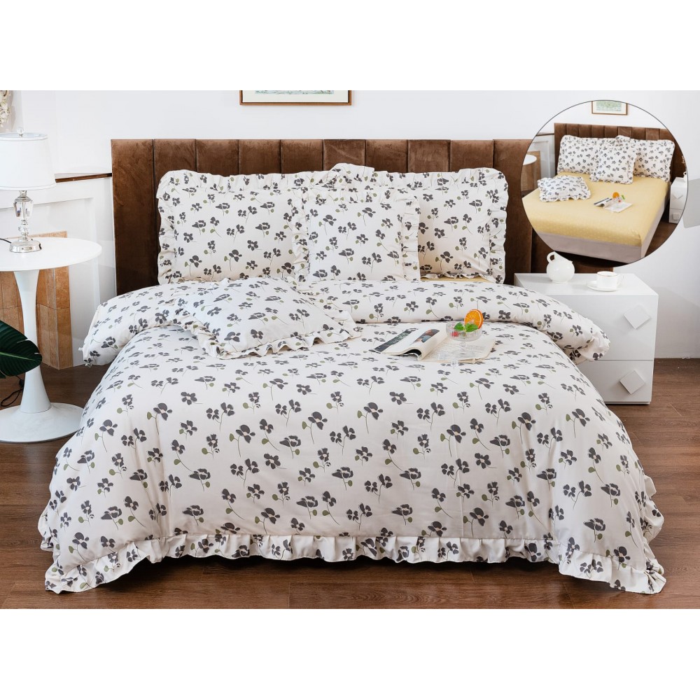 Set lenjerie BUMBAC-finet , 6 piese , CU ELASTIC ,pentru pat dublu cu volanas LFVPK17 Lenjerii din finet 6 piese  cu volanase