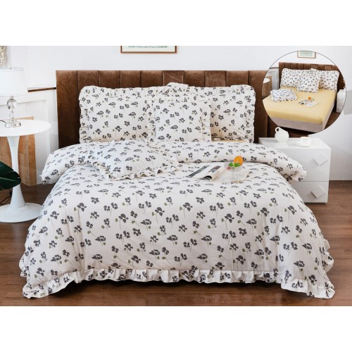 Set lenjerie BUMBAC-finet , 6 piese , CU ELASTIC ,pentru pat dublu cu volanas LFVPK17