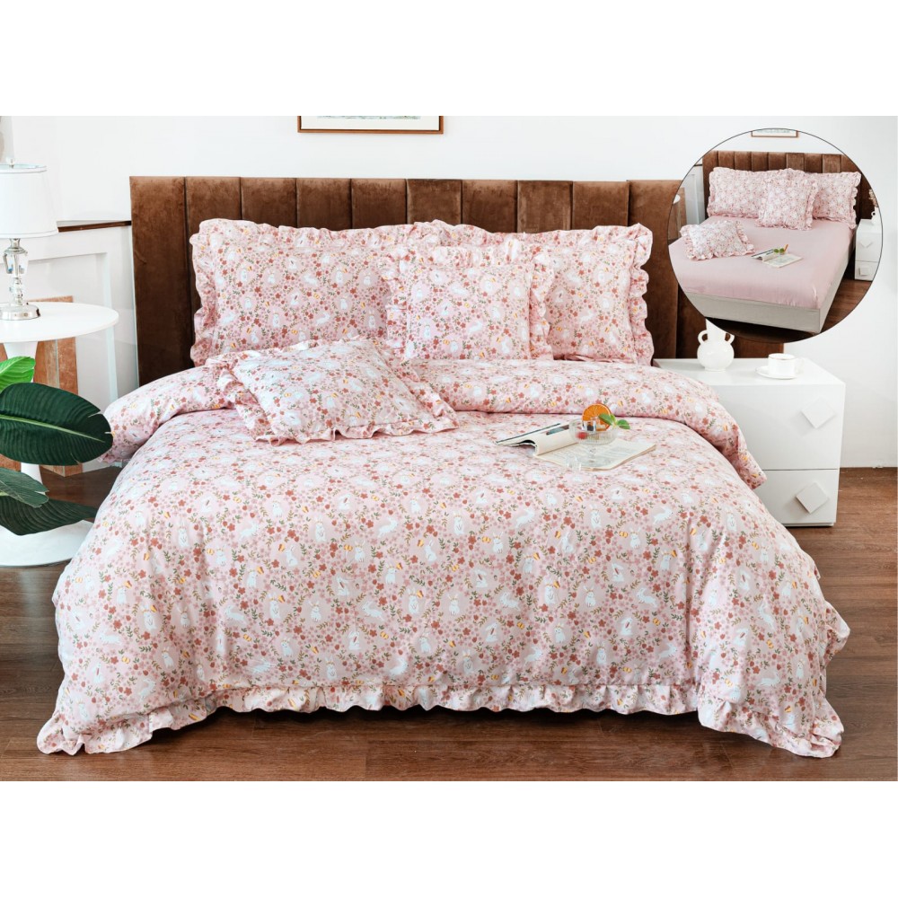 Set lenjerie BUMBAC-finet , 6 piese , CU ELASTIC ,pentru pat dublu cu volanas LFVPK18 Lenjerii din finet 6 piese  cu volanase