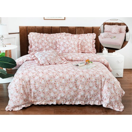 Set lenjerie BUMBAC-finet , 6 piese , CU ELASTIC ,pentru pat dublu cu volanas LFVPK18