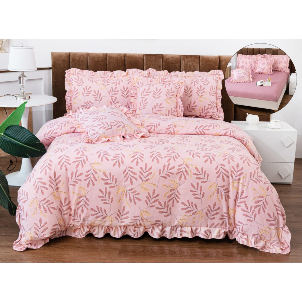 Set lenjerie BUMBAC-finet , 6 piese , CU ELASTIC ,pentru pat dublu cu volanas LFVPK19 Lenjerii din finet 6 piese  cu volanase