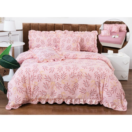 Set lenjerie BUMBAC-finet , 6 piese , CU ELASTIC ,pentru pat dublu cu volanas LFVPK19