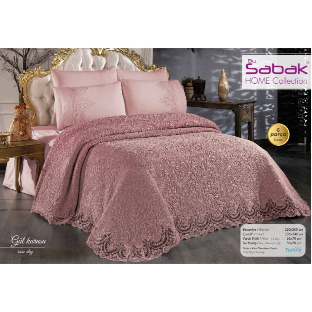 Cuvertura de lux cu broderie eleganta, 6 piese, pat 2 persoane, ROZ PAL , CL6PL3 CUVERTURI LUX 6 PIESE  CATIFEA