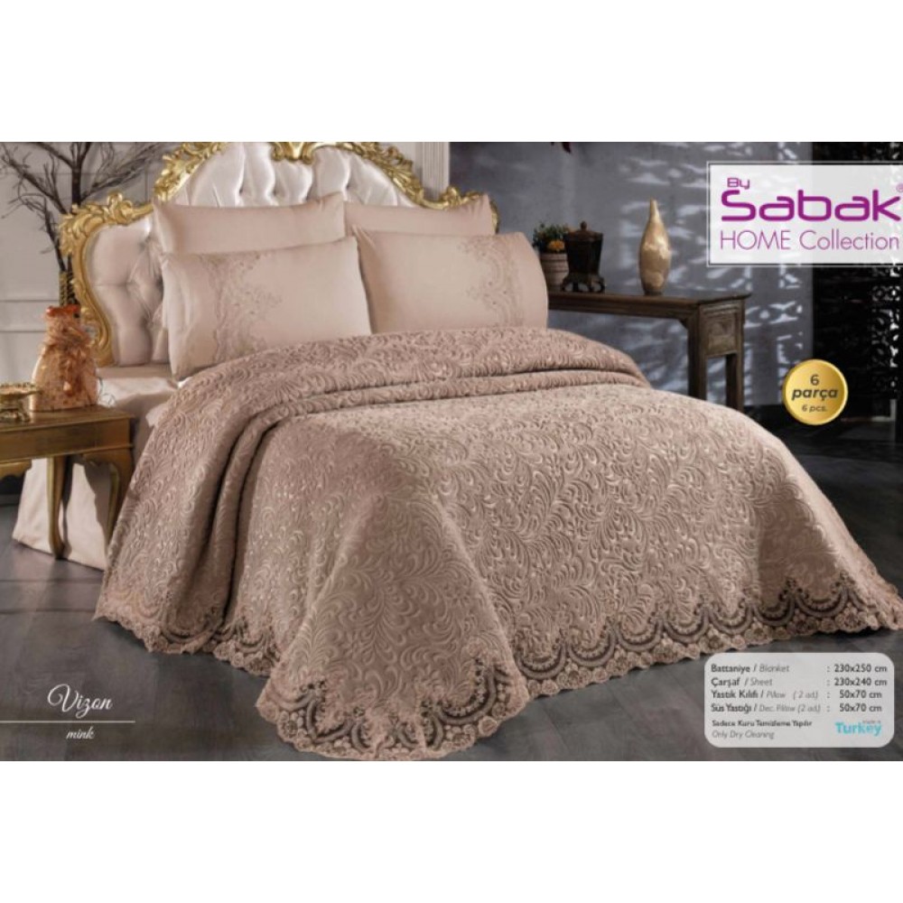 Cuvertura de lux cu broderie eleganta, 6 piese, pat 2 persoane, CAPPUCINO, CL6PL5 CUVERTURI LUX 6 PIESE  CATIFEA