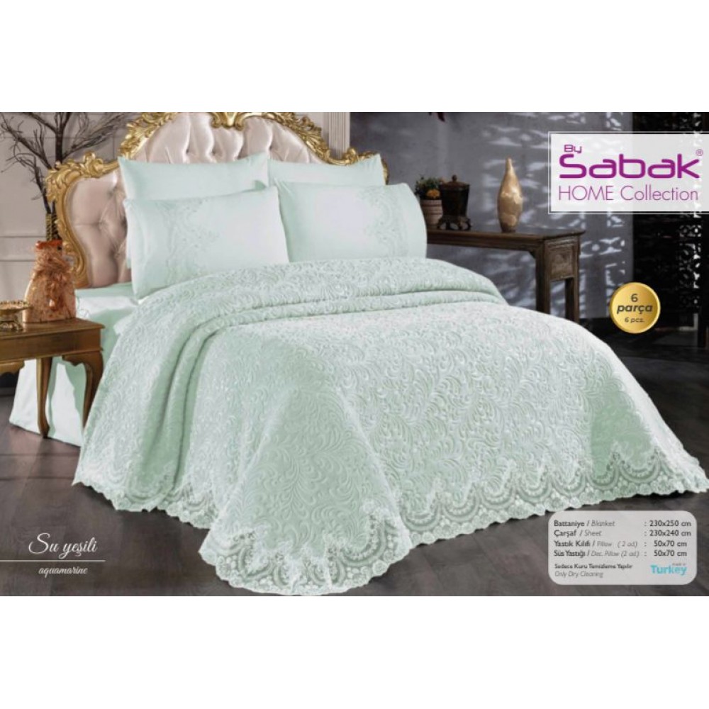 Cuvertura de lux cu broderie eleganta, 6 piese, pat 2 persoane, BLEU, CL6PL9 CUVERTURI LUX 6 PIESE  CATIFEA
