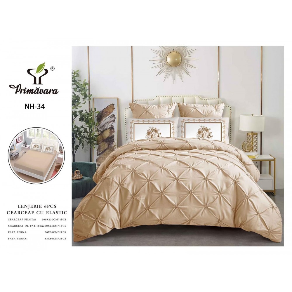 Set Lenjerie pliuu uni 6 piese  bumbac finet delux pat dubluu cu elastic  LC6PPLE5 Lenjerii finet 6 piese uni pliuri 3d cu elastic