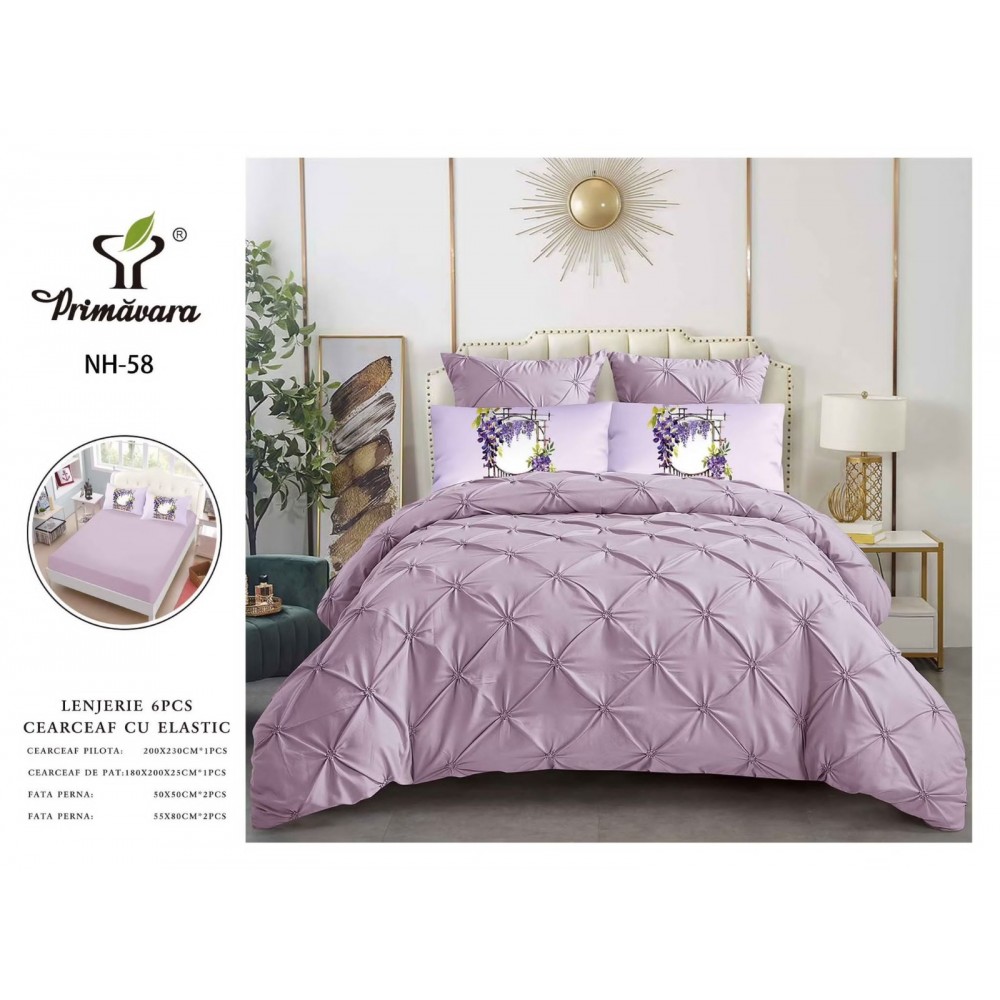 Set Lenjerie pliuu uni 6 piese  bumbac finet delux pat dubluu cu elastic  LC6PPLE7 Lenjerii finet 6 piese uni pliuri 3d cu elastic