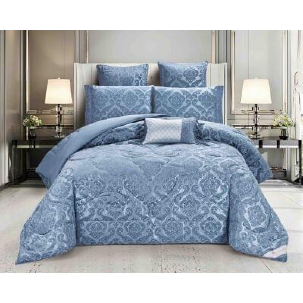 Set Lenjerie Jacquard cu Elastic + Pilota + Perna Tip Puisor, Pat 2 Persoane, 7 Piese, albastru,PJQ7-ELASTIC SET LENJERIE JAQURD + PILOTA