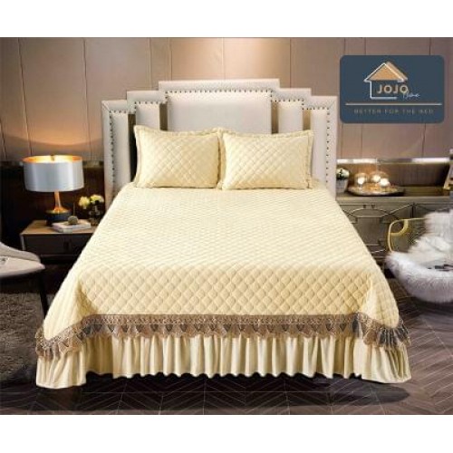 Cuvertura pat dublu, 3 piese, Catifea Matlasata cu Broderie Aurie, 230x250cm, Jojo Home,BLEUMARINE, JOCV7
