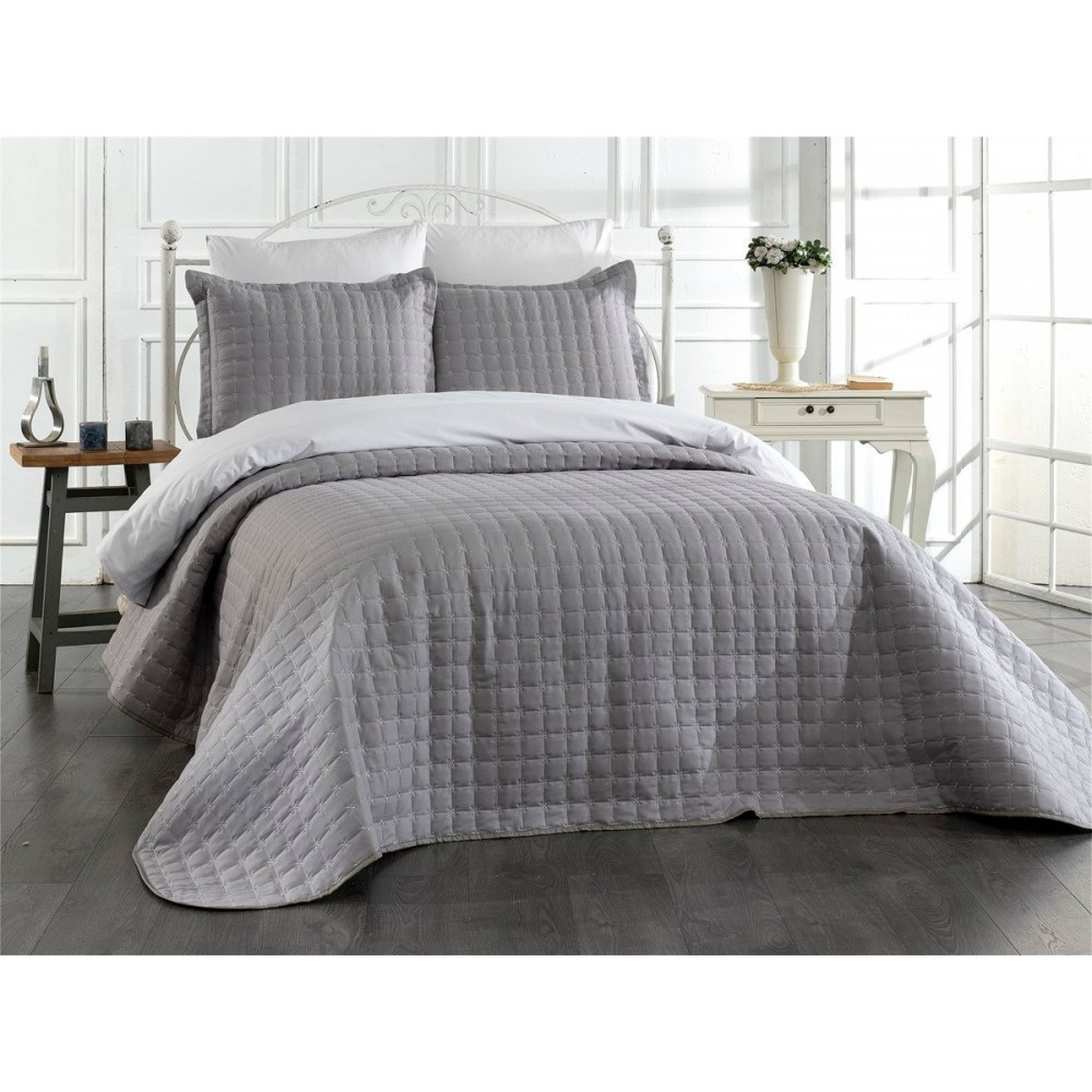 Cuvertura de Pat Brodata, Model Uni, 240x220cm, 3 Piese ,GRI,CVV2 Cuverturi matlasate 3 piese