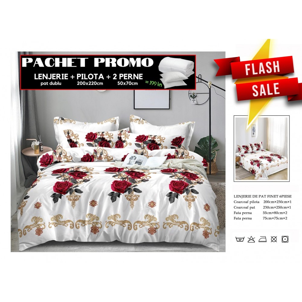 Set Lenjerii de Pat Finet Gros + Pilota si 2 Perne PPP50 PACHETE PROMO