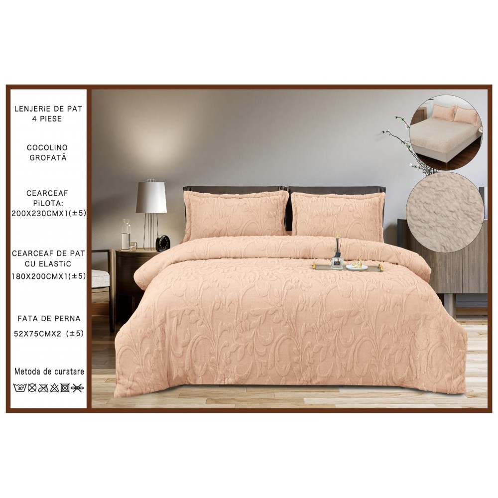 Lenjerie de pat cocolino cu elastic, model grofat, 4 piese, pat 2 persoane, LCP-4 Lenjerii cocolino 4 piese cu ELASTIC
