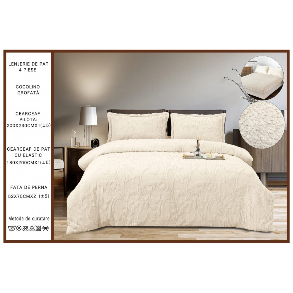 Lenjerie de pat cocolino cu elastic, model grofat, 4 piese, pat 2 persoane, LCP-6 Lenjerii cocolino 4 piese cu ELASTIC