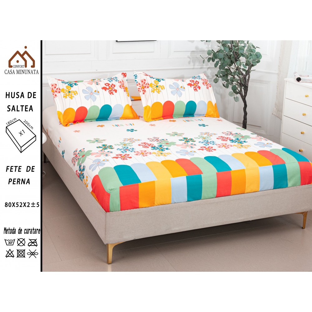 Husa de pat bumbac Satinat + 2 fete de perna HSBSP13 Huse din bumbac satinat