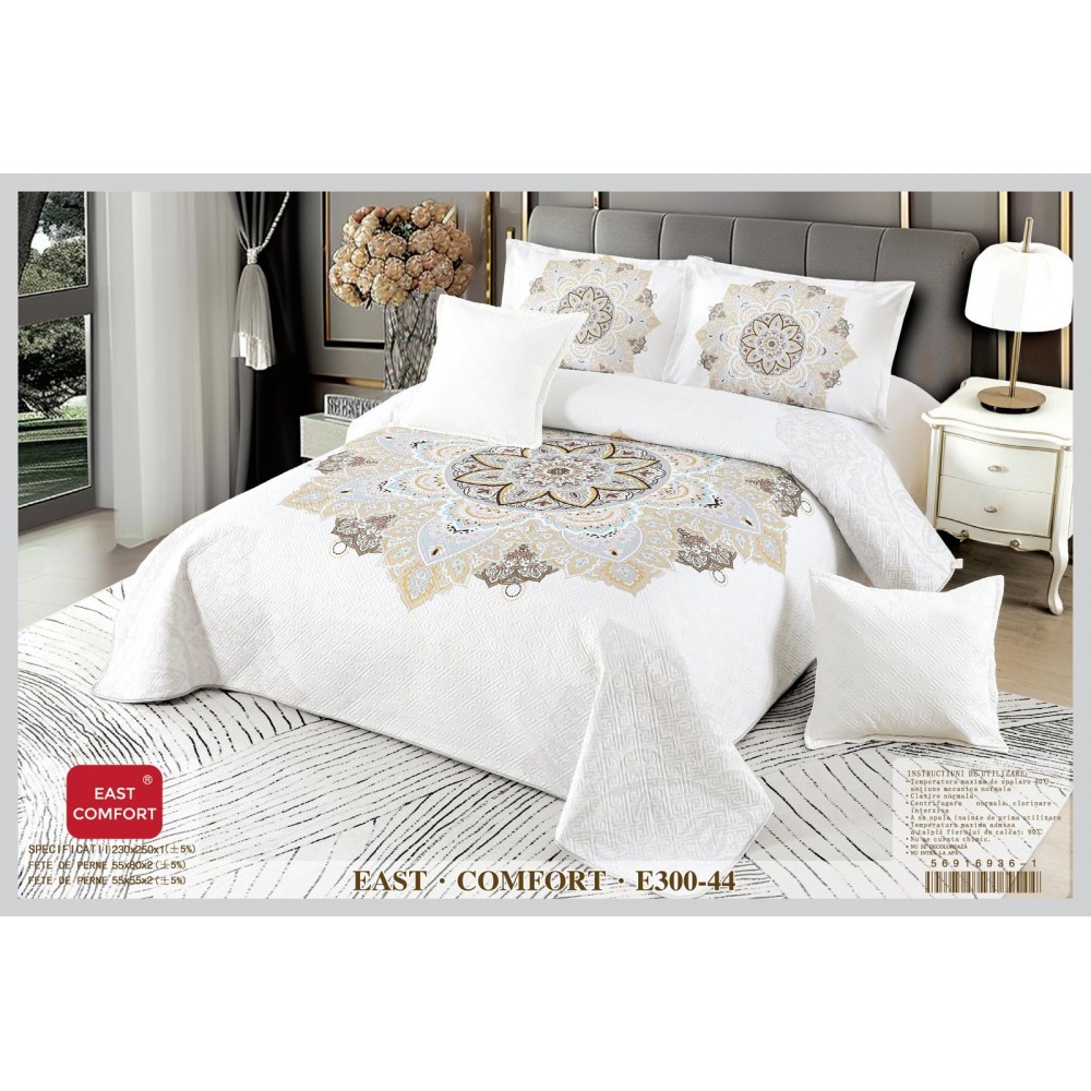 Cuvertura de Pat din Catifea Imprimata cu 4 Fete de Perna-E300-044 Cuverturi catifea