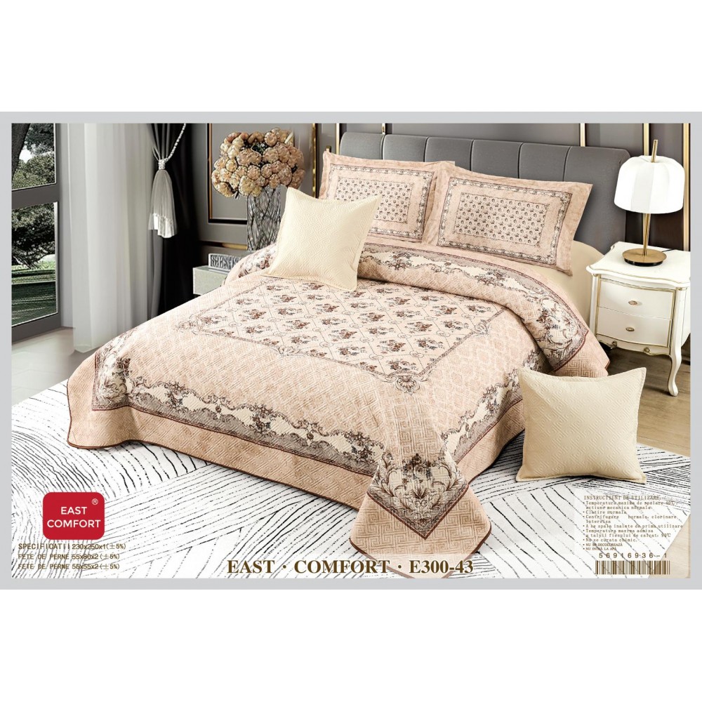 Cuvertura de Pat din Catifea Imprimata cu 4 Fete de Perna-E300-043 Cuverturi catifea