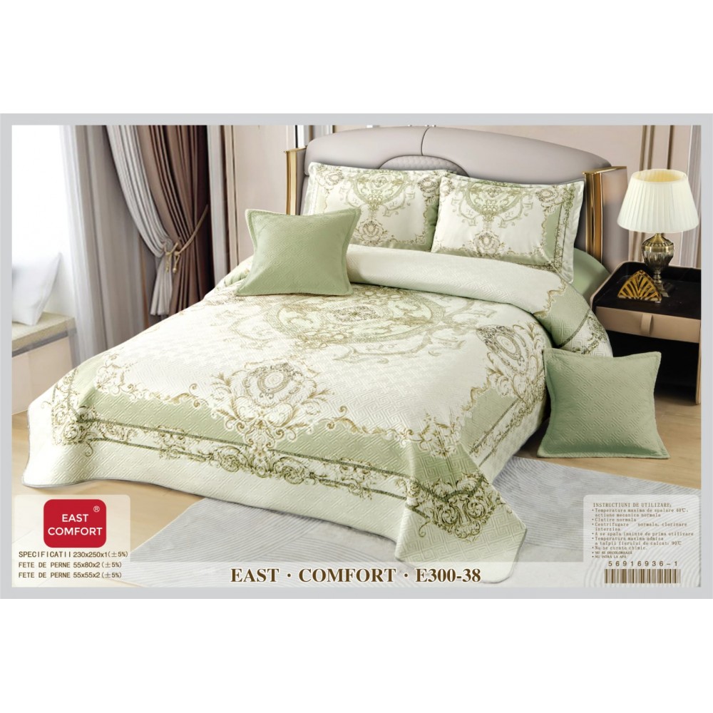 Cuvertura de Pat din Catifea Imprimata cu 4 Fete de Perna-E300-038 Cuverturi catifea