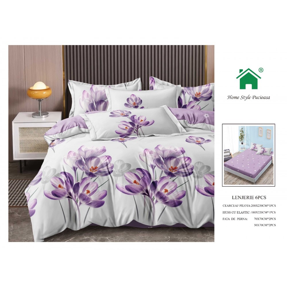 Set Lenjerie Finet, Cearceaf de  Pat cu Elastic, 6 Piese , Pat 2 Persoane, MME12 Lenjerii din finet 6 piese cu  elastic