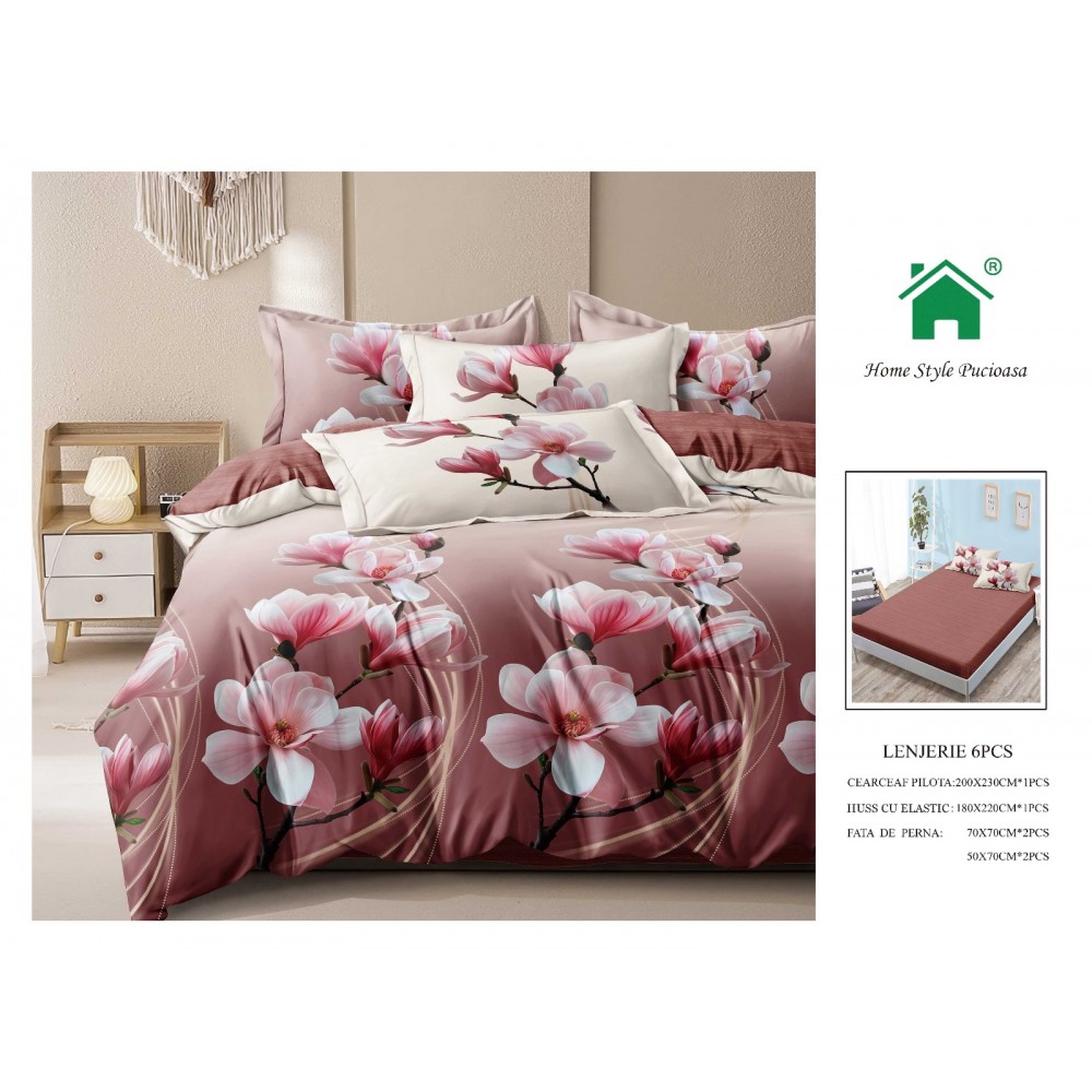 Set Lenjerie Finet, Cearceaf de  Pat cu Elastic, 6 Piese , Pat 2 Persoane, MME13 Lenjerii din finet 6 piese cu  elastic