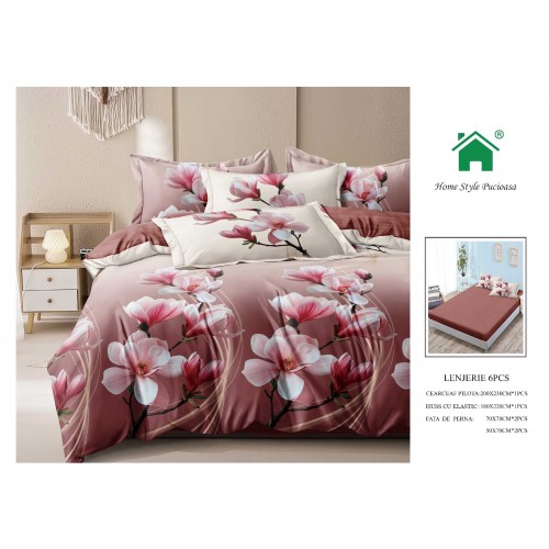 Set Lenjerie Finet, Cearceaf de  Pat cu Elastic, 6 Piese , Pat 2 Persoane, MME13