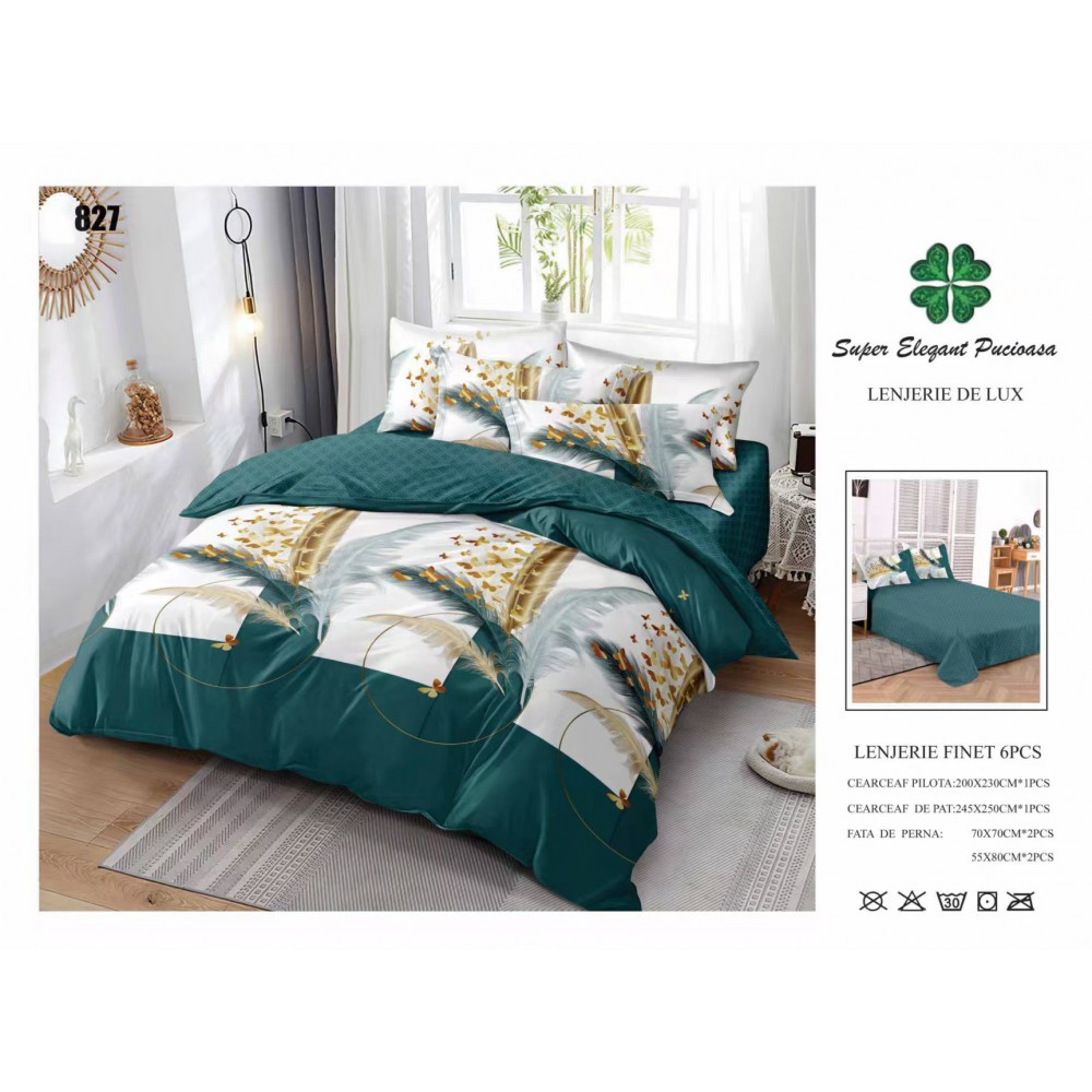 Lenjerie de pat dublu, Pucioasa, Finet, 6 piese, 2 persoane, 245x250cm, LL1030 Lenjerii din finet 6 piese