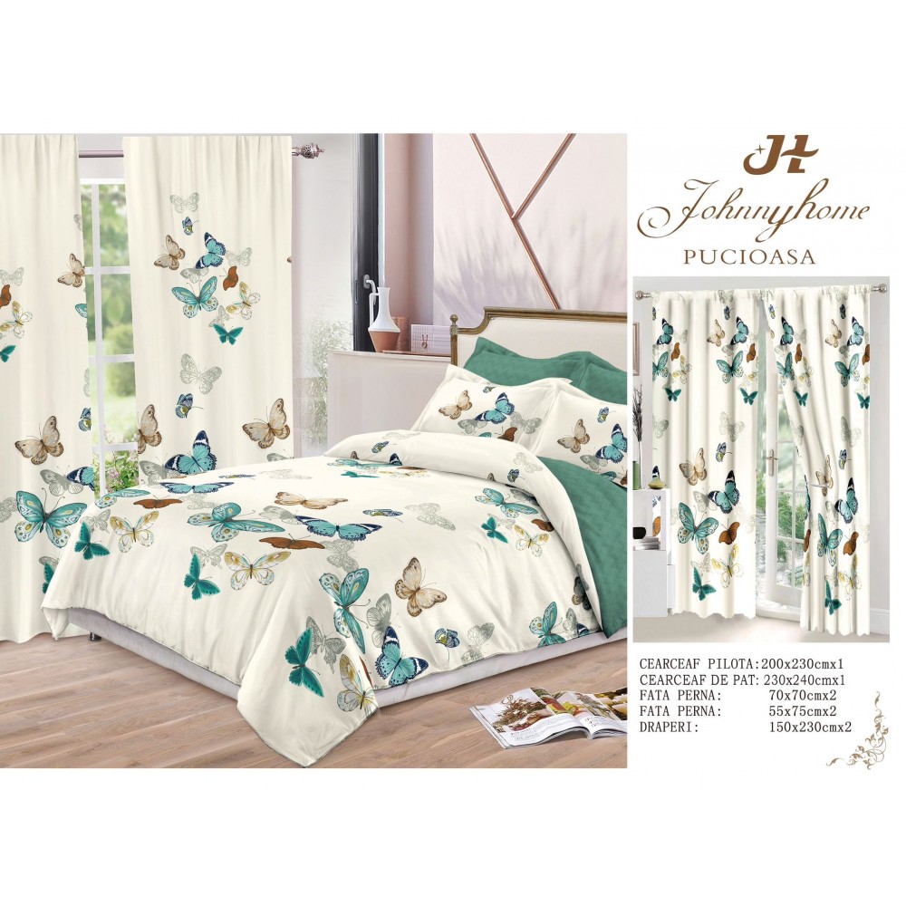 Set Lenjerie de pat Dublu Pucioasa + 2 Draperii , set 8 piese, Fluturi, LDP01