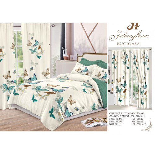 Set Lenjerie de pat Dublu Pucioasa + 2 Draperii , set 8 piese, Fluturi, LDP01