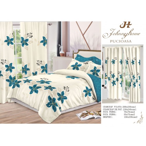 Set Lenjerie de pat Dublu Pucioasa + 2 Draperii , set 8 piese, Flori albastre, LDP02