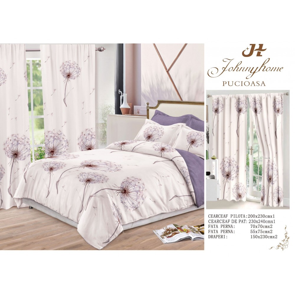 Set Lenjerie de pat Dublu Pucioasa + 2 Draperii , set 8 piese, papadie lila , LDP05 SET 8 PIESE 1 LENJERIE PAT DUBLU + 2 DRAPERII