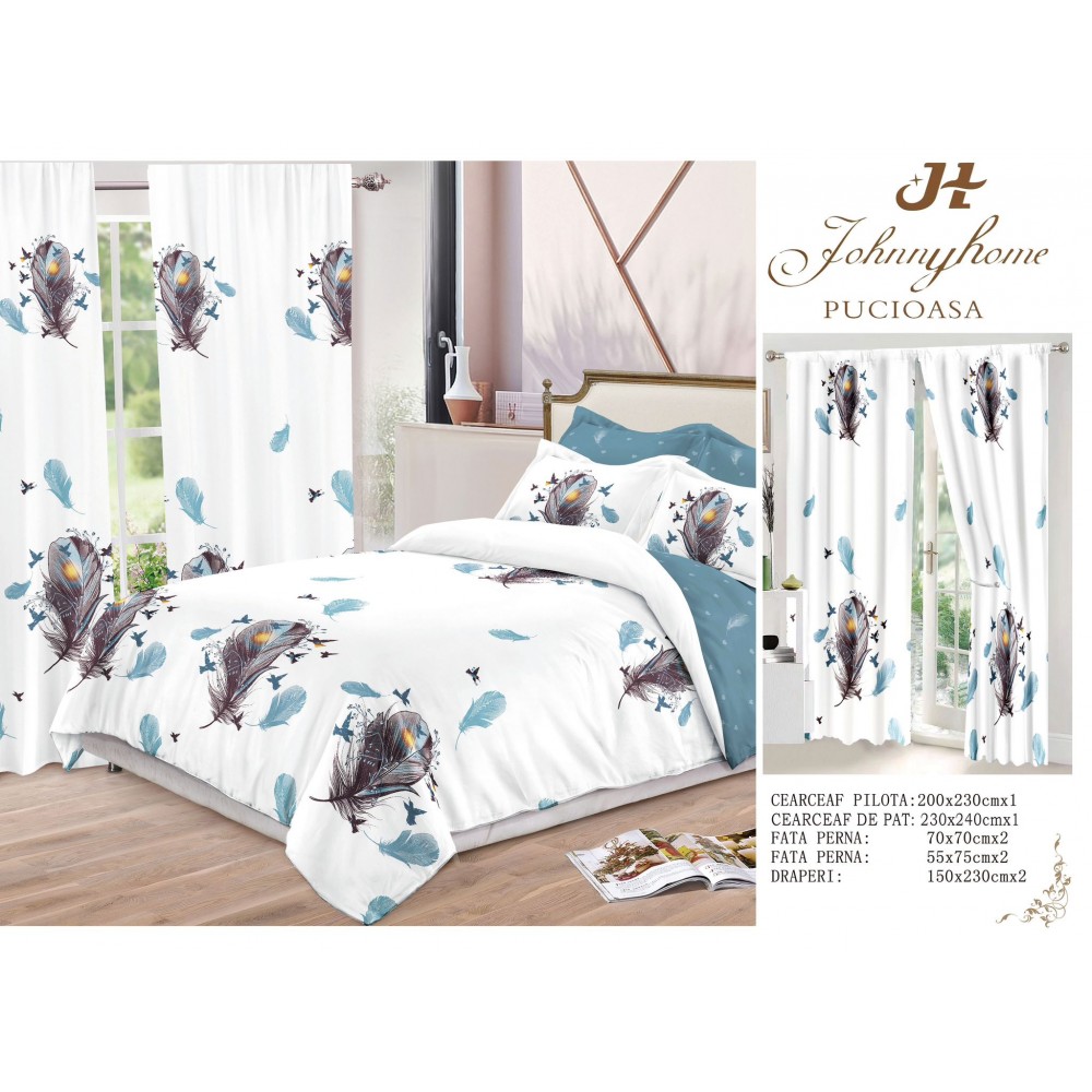 Set Lenjerie de pat Dublu Pucioasa + 2 Draperii , set 8 piese, Pene alb-bleo, LDP03 SET 8 PIESE 1 LENJERIE PAT DUBLU + 2 DRAPERII