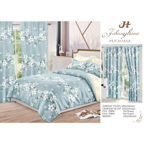 Set Lenjerie de pat Dublu Pucioasa + 2 Draperii , set 8 piese, iasomie, LDP04