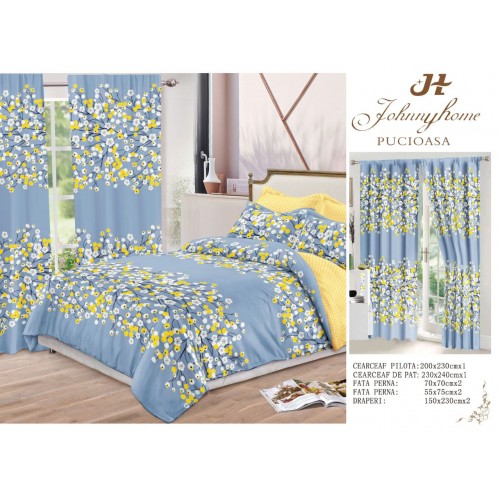 Set Lenjerie de pat Dublu Pucioasa + 2 Draperii , set 8 piese, flori galben-bleu , LDP06