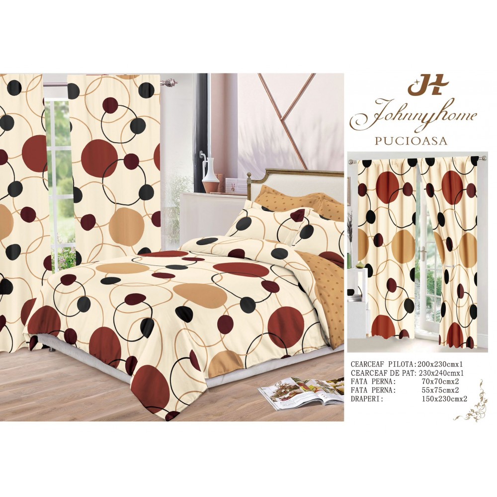 Set Lenjerie de pat Dublu Pucioasa + 2 Draperii , set 8 piese, buline maro-crem , LDP07 SET 8 PIESE 1 LENJERIE PAT DUBLU + 2 DRAPERII