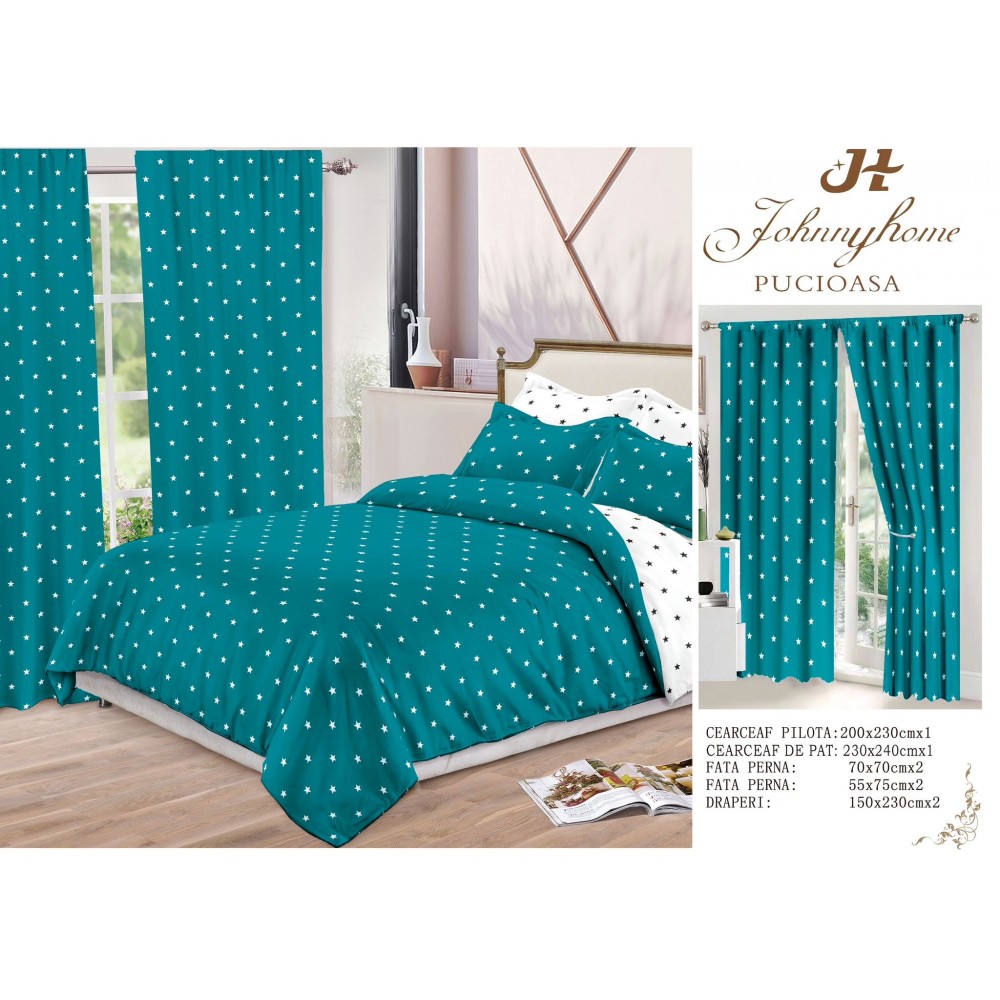 Set Lenjerie de pat Dublu Pucioasa + 2 Draperii , set 8 piese, turqoise stele albe , LDP09 SET 8 PIESE 1 LENJERIE PAT DUBLU + 2 DRAPERII