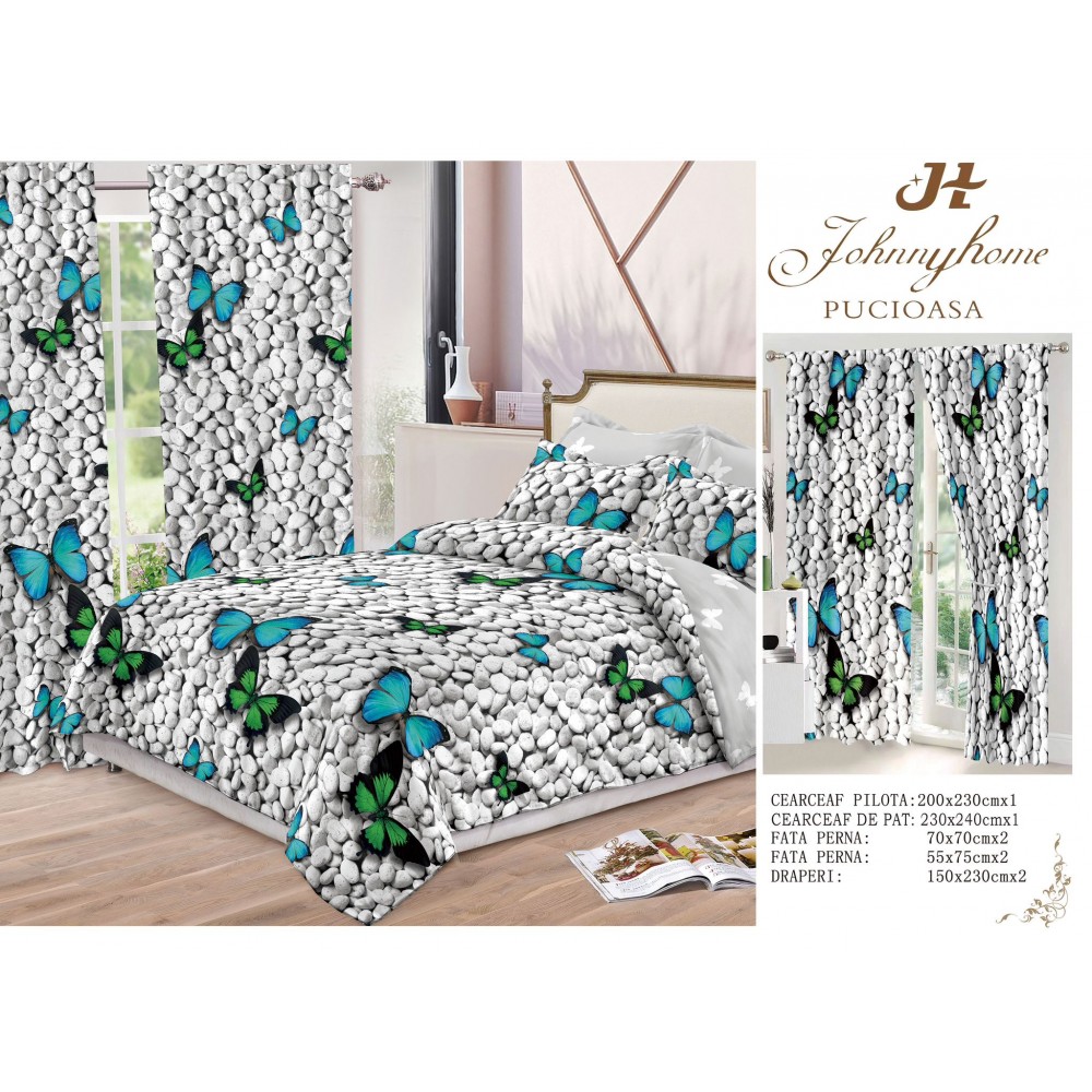 Set Lenjerie de pat Dublu Pucioasa + 2 Draperii , set 8 piese, piatra fluture , LDP10 SET 8 PIESE 1 LENJERIE PAT DUBLU + 2 DRAPERII