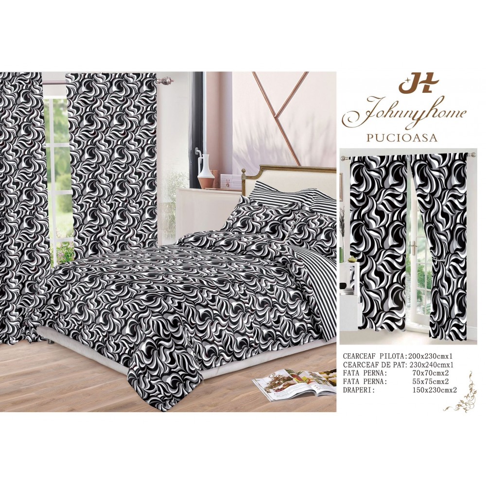Set Lenjerie de pat Dublu Pucioasa + 2 Draperii , set 8 piese, zebra alb negru gri , LDP11 SET 8 PIESE 1 LENJERIE PAT DUBLU + 2 DRAPERII