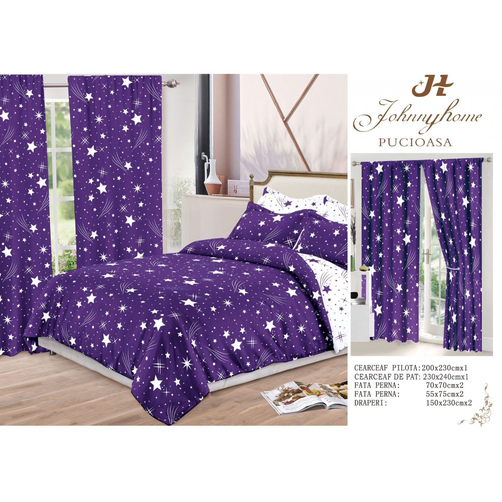Set Lenjerie de pat Dublu Pucioasa + 2 Draperii , set 8 piese, mov stele albe , LDP12 SET 8 PIESE 1 LENJERIE PAT DUBLU + 2 DRAPERII