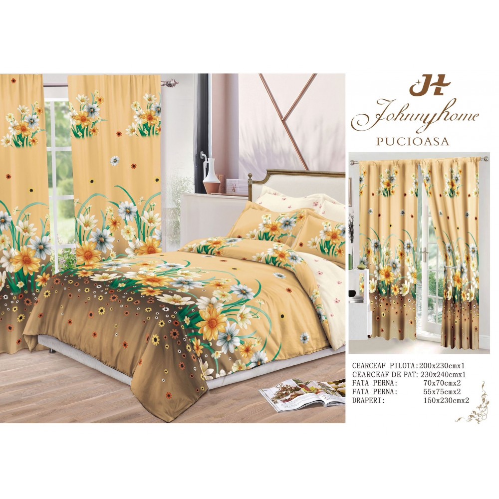 Set Lenjerie de pat Dublu Pucioasa + 2 Draperii , set 8 piese, flori galbene , LDP13 SET 8 PIESE 1 LENJERIE PAT DUBLU + 2 DRAPERII