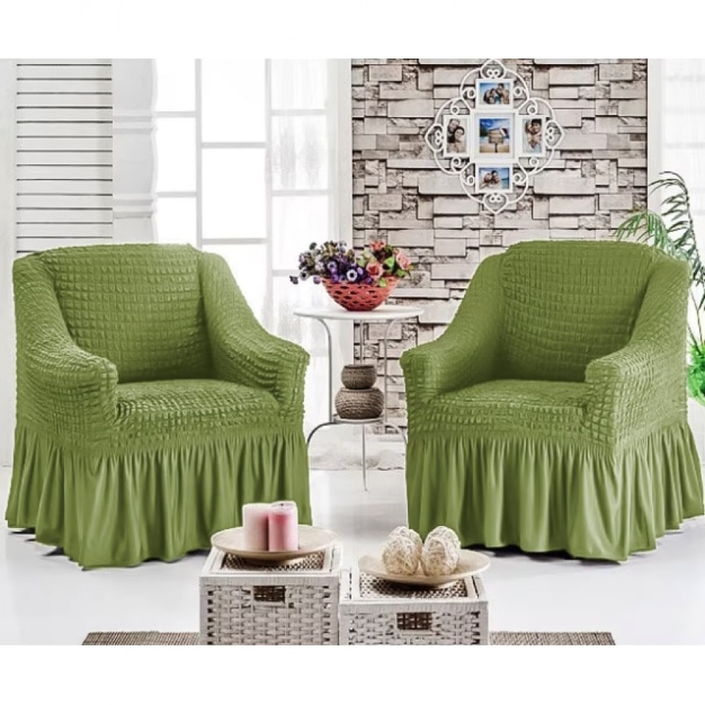 Set 2 huse pentru fotolii creponate cu volan verde Huse fotolii creponate cu volan