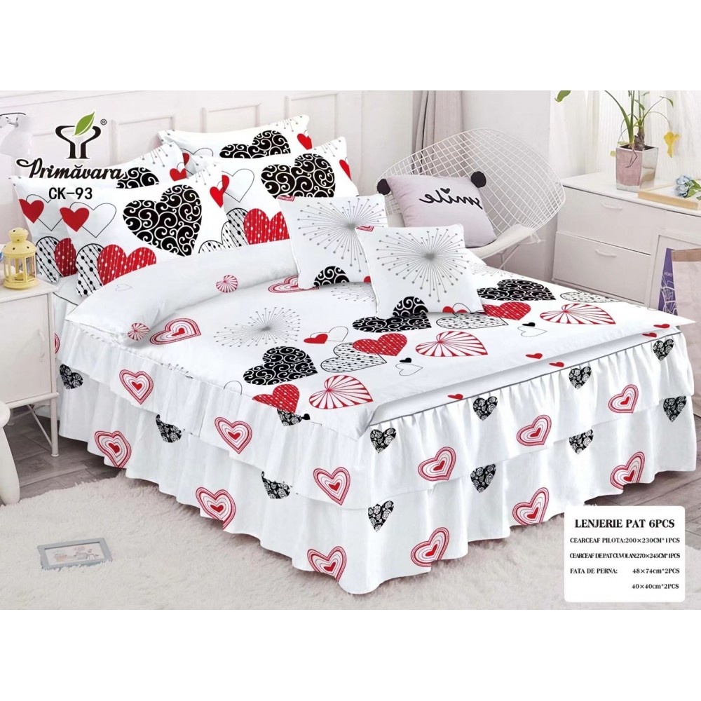Lenjerie pat dublu, BUMBAC FINET, 6 piese, cu VOLANASE, Primavara,CV32 Lenjerii din finet 6 piese  cu volanase