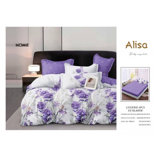 Set Lenjerie Eleganta 6 piese cu elastic din Bumbac Finet, Cearceaf de pat 180x200cm, Pat 2 Persoane, ALI1