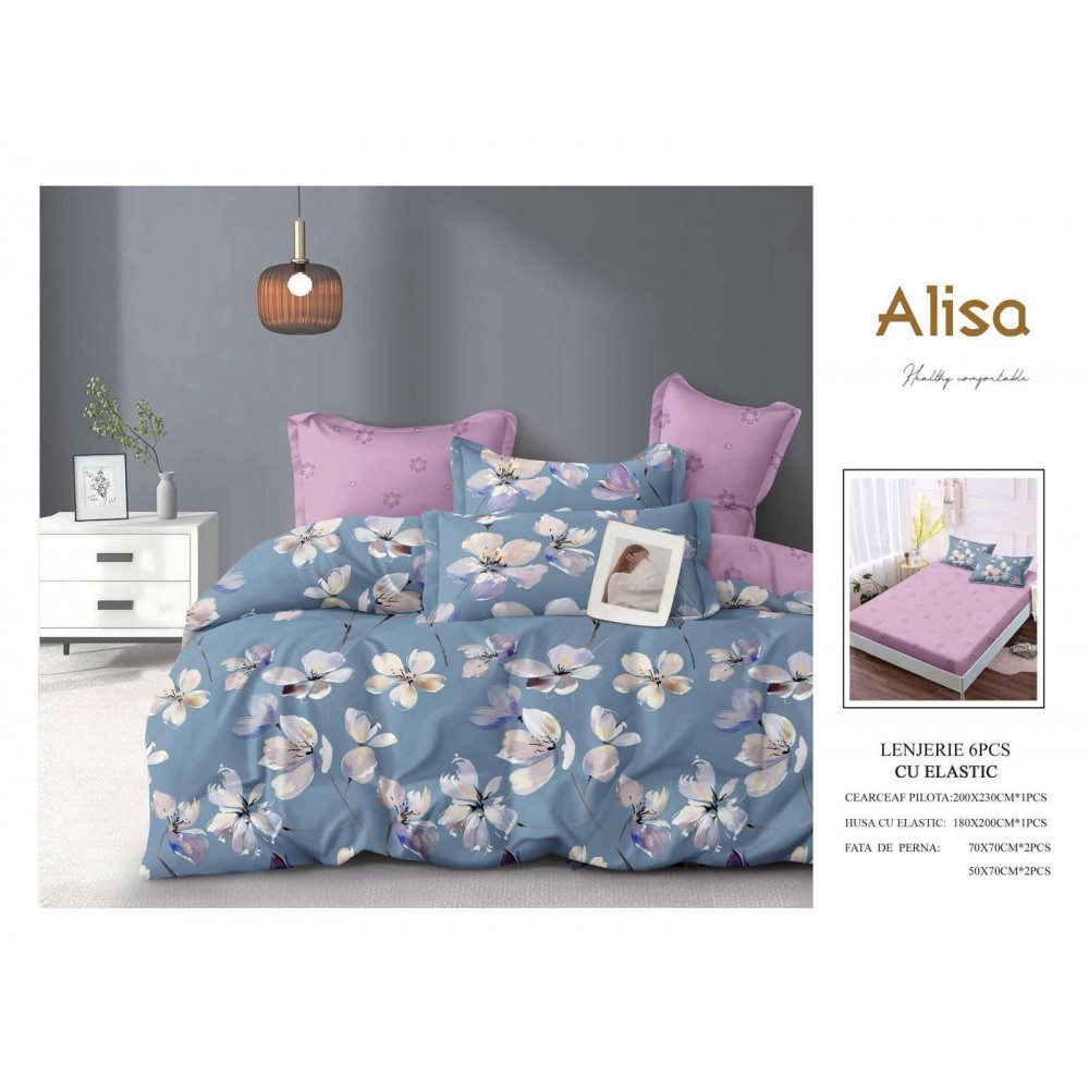 Set Lenjerie Eleganta 6 piese cu elastic din Bumbac Finet, Cearceaf de pat 180x200cm, Pat 2 Persoane, ALI2 Lenjerii din finet 6 piese cu  elastic