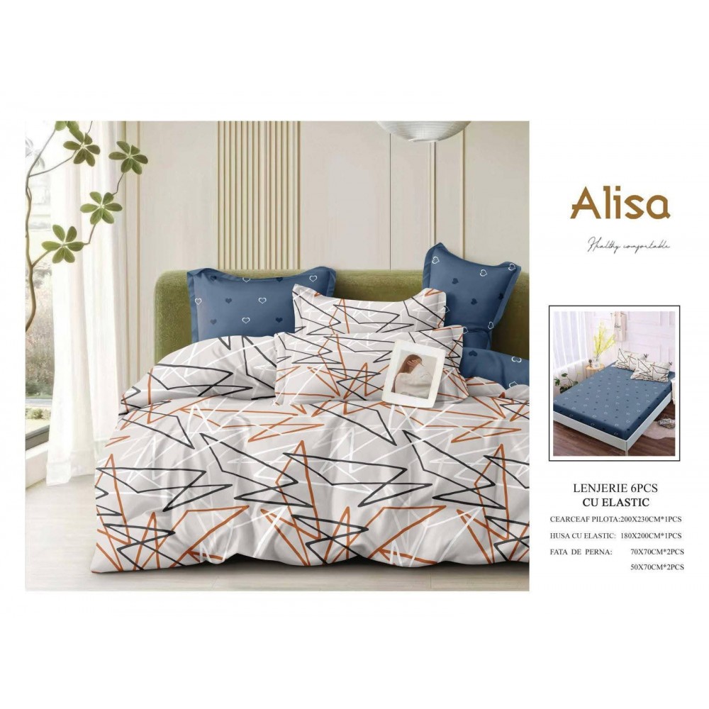 Set Lenjerie Eleganta 6 piese cu elastic din Bumbac Finet, Cearceaf de pat 180x200cm, Pat 2 Persoane, ALI3 Lenjerii din finet 6 piese cu  elastic